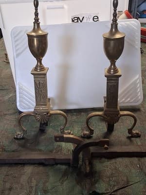 VINTAGE BRASS CLASSICAL PAW FEET FIREPLACE ANDIRONS MARKED BENNETT