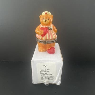 Bear Nurse Trinket Box w/ Heart Inside Candy Striper Hinged Ceramic -2.75” H
