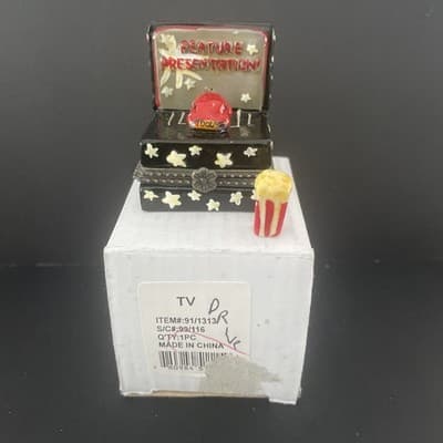 Vintage Drive Inn movie Miniature Trinket Box W/Tiny Popcorn Charm