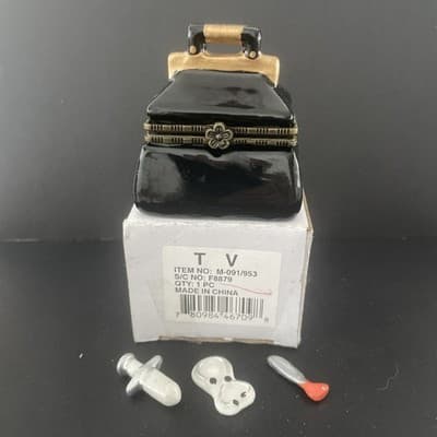 Vintage Doctor's Bag Hinged Trinket Box with 3 Trinkets, Black with Gold Handle