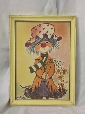 Vintage Custom Clown Signed Painting Art Wood Framed Picture Decor