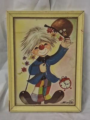 Vintage Custom Clown Signed Painting Art Wood Framed Picture Decor