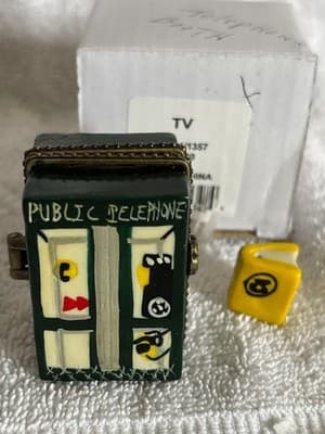 VINTAGE PORCELAIN MINI TRINKET BOX BRITISH PUBLIC TELEPHONE BOOTH w/phone book