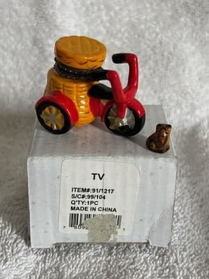 RARE Porcelain Hinged Trinket Box Red Bicycle W/ Small Dog With Box