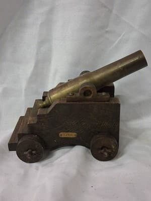 Vtg Replica Mini "1746" Cannon British War Wood Base Brass Canon Moving Wheels🪖