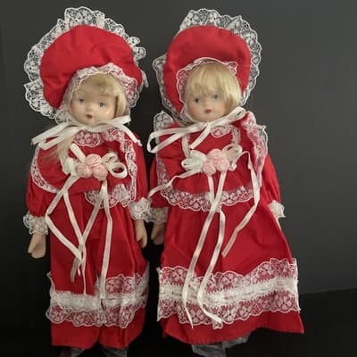 Vintage 8" Porcelain Dolls Twins in Red Christmas Dresses Blue Eyes Blonde Hair
