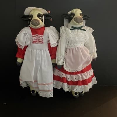 Vintage Peabody & Wright Porcelain Cow Dolls in Lace Victorian Outfits