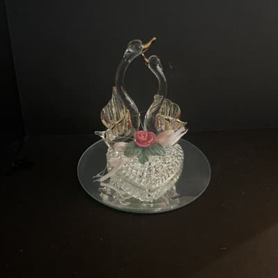 Hand Spun Blown Glass Geese Swans with Flowers Rose Glass Trimmed On Mirror Base