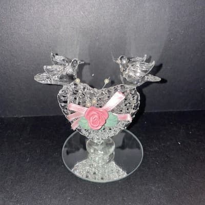 Spun Glass Puffed Heart Matching Doves w/Gold Plated Accent Figurine - Vintage