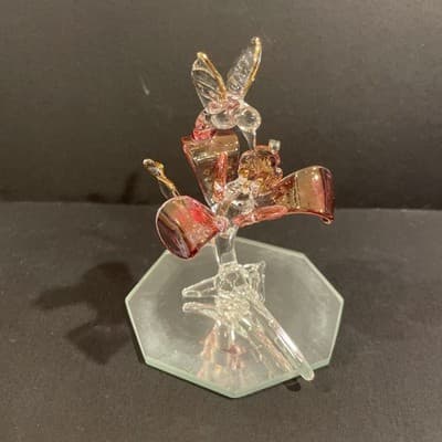 Hand Blown Spun Glass Figurine Hummingbird And Pink Flower5”