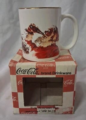 Vintage Retro Coca-Cola Mug Gold Rim Santa with Sleigh Stoneware 11 oz