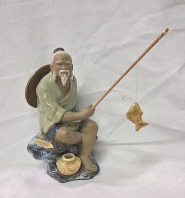 VTG Chinese Mud Man Fisherman with hat Sitting on his Blue Bench & Pot of Fish