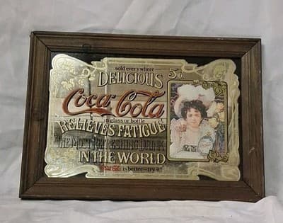 Vintage 1980s Coca Cola Framed Advertising Mirror Soda Sign Victorian Lady 14X20