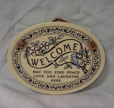 Vintage Trinity Pottery Welcome Plaque Love Laughter Bird Floral Handmade Hang