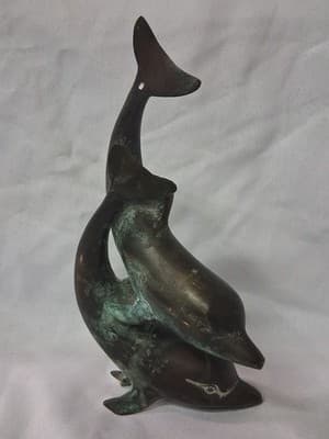 BRASS Metal Pair of Dolphins Vintage Sculpture M. Scholes Large Modern Figurine