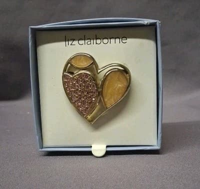 VTG Liz Claiborne LC Heart Brooch Pink Rhinestones Pin Tan Enamel Gold Tone