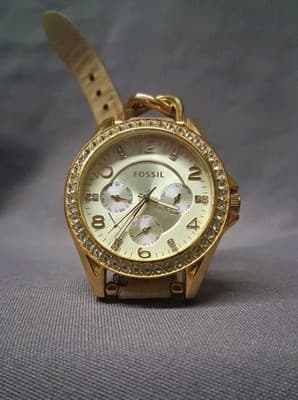 Fossil Riley ES3466 Womens Watch 40mm Rose Gold Tone Crystal Bezel New Battery