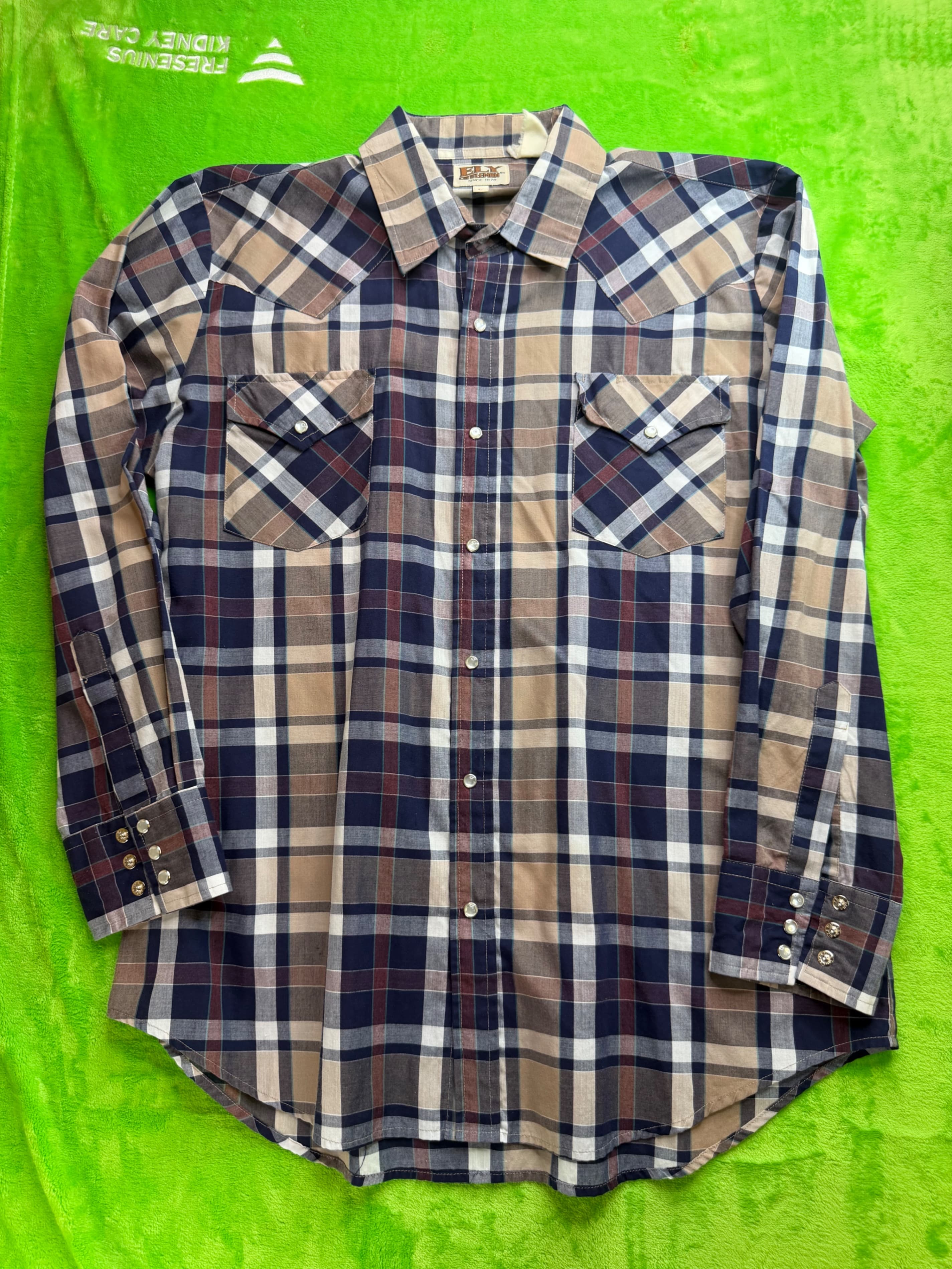 Vtg Ely Cattleman Pearl Snap Western Shirt Mens Sz L Navy Tan Plaid
