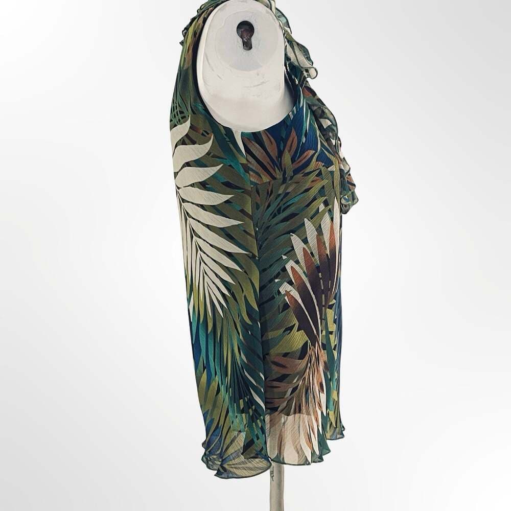 Spense Tropical Palm Leaf Ruffle Trim Sleeveless Top