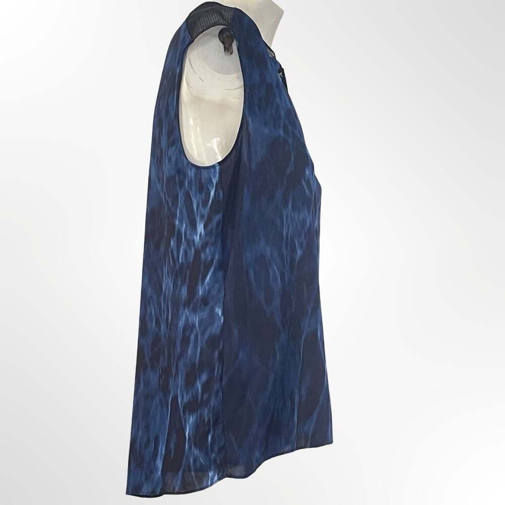 T Tahari Blue Marble Print Sleeveless Blouse with Mesh Trim