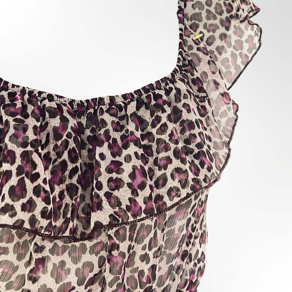 Twenty One Purple and Brown Leopard Print Flutter Sleeve Chiffon Mini Dress