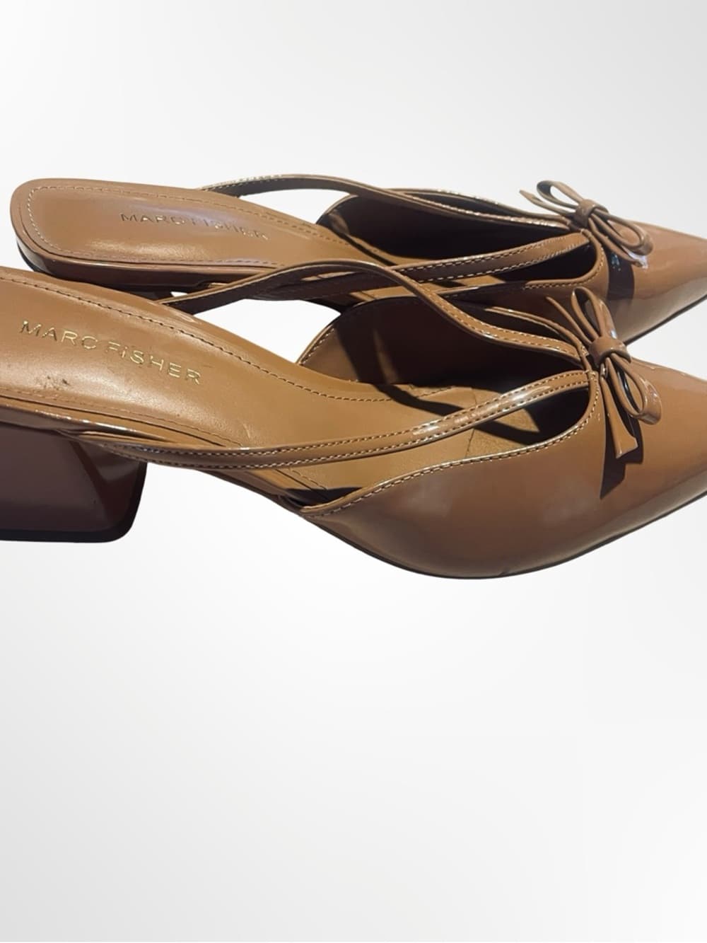 Marc Fisher Tan Patent Pointed-Toe Bow Slingback Mules in size 8.5