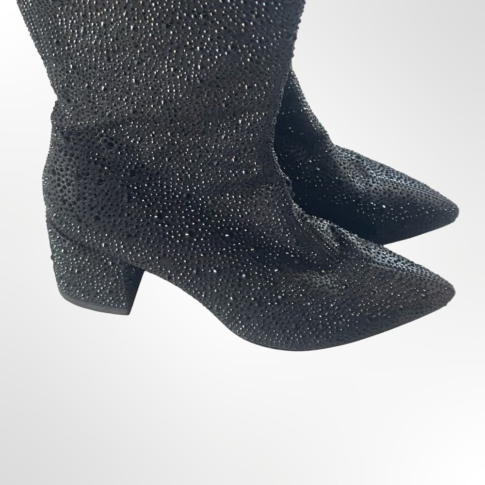 Wet Kiss Black Rhinestone Heeled Boots in many sizes avail