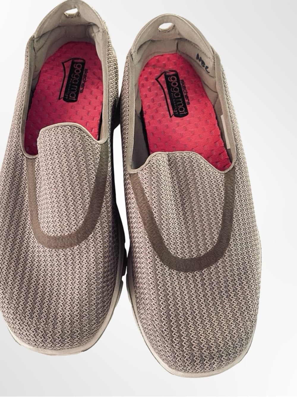 Skechers Slip-On Knit Sneakers in Taupe with Pink Insole