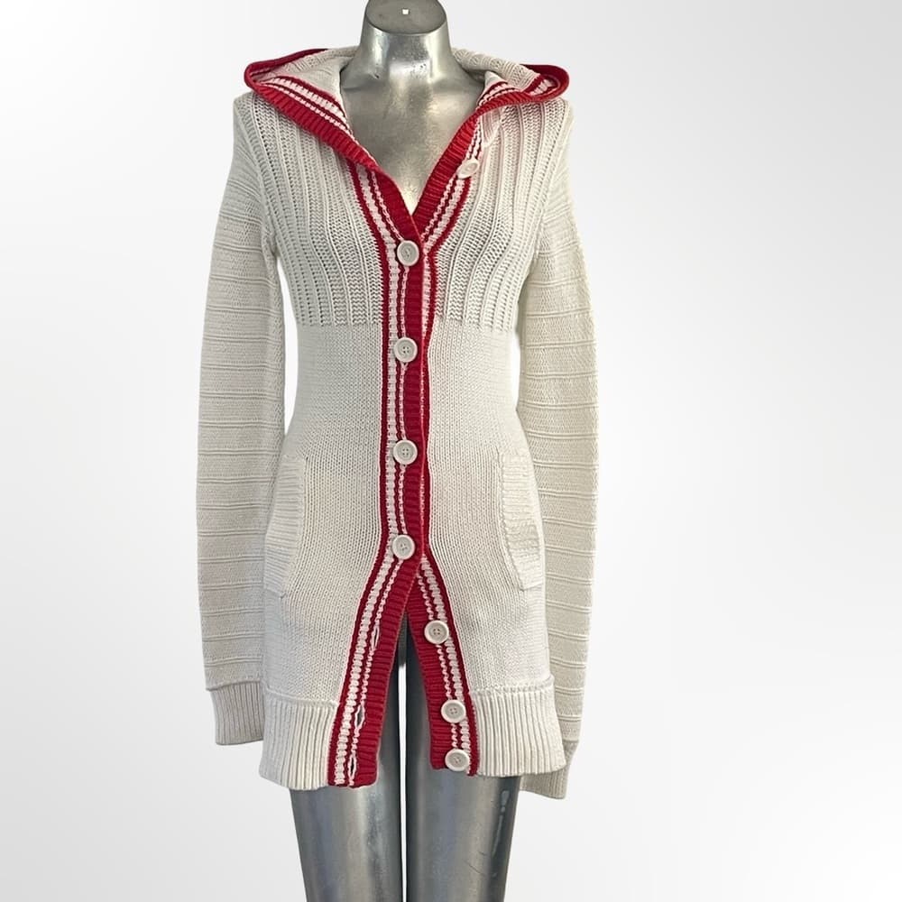 Moda International White and Red Hooded Cardigan in Small
