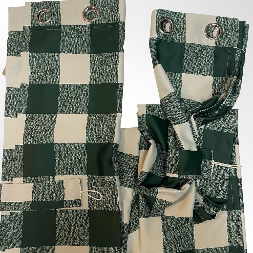 A Pair of Green and White Checkered Blackout Curtains 84x48
