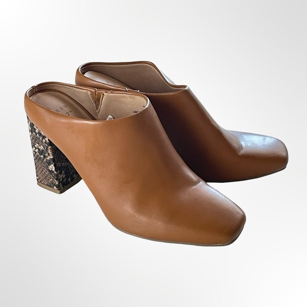 a new day Tan Mule Heels with Snakeskin-Detail Block Heel