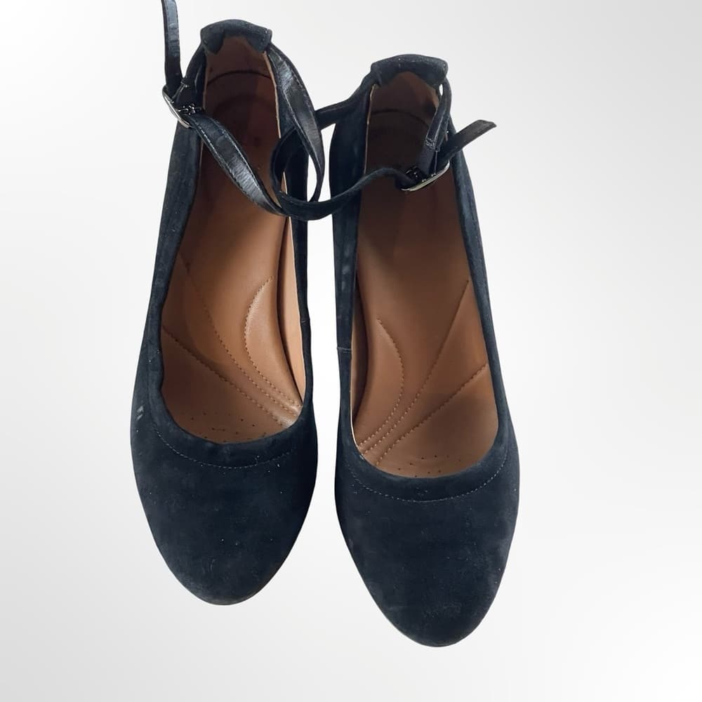 Clarks Black Suede Ankle-Strap Block Heels in 8.5