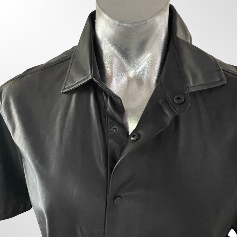 Medium Black Short Sleeve Button-Up Rubber like Shirt