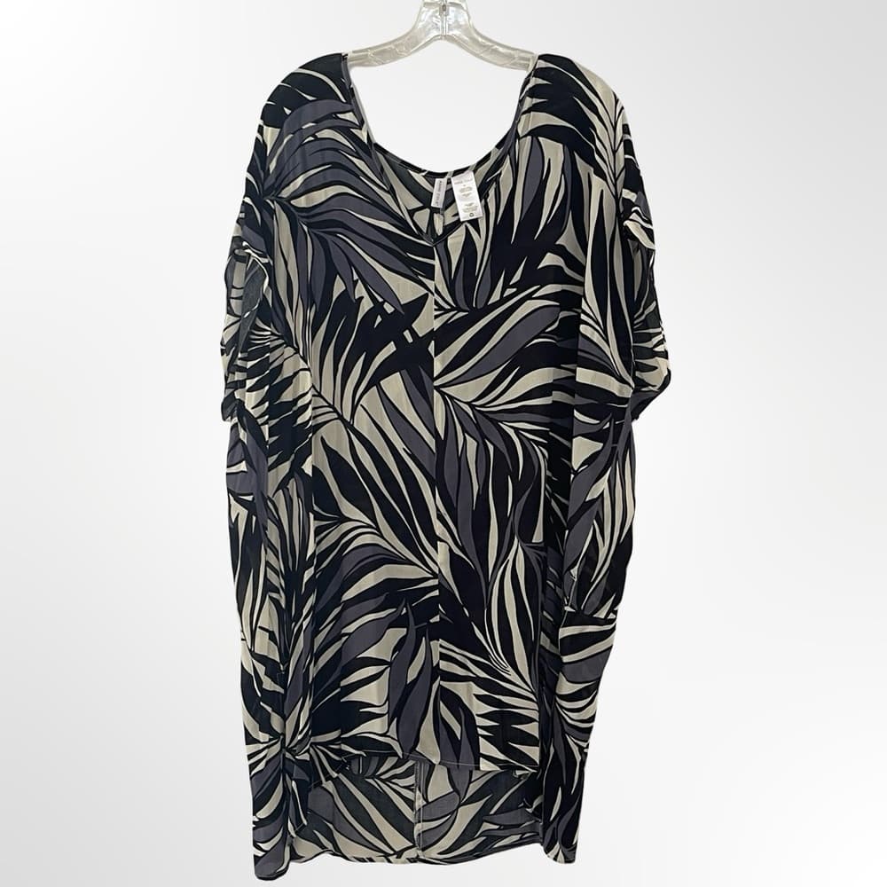 Anne Cole Black Cream Palm-Leaf Swim Coverup