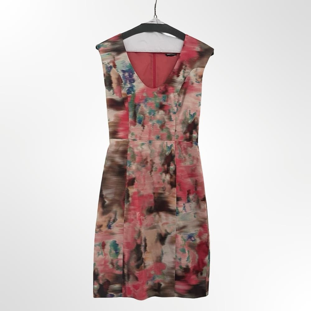 Black Halo Coral and Multicolor Abstract Midi Dress in size 2