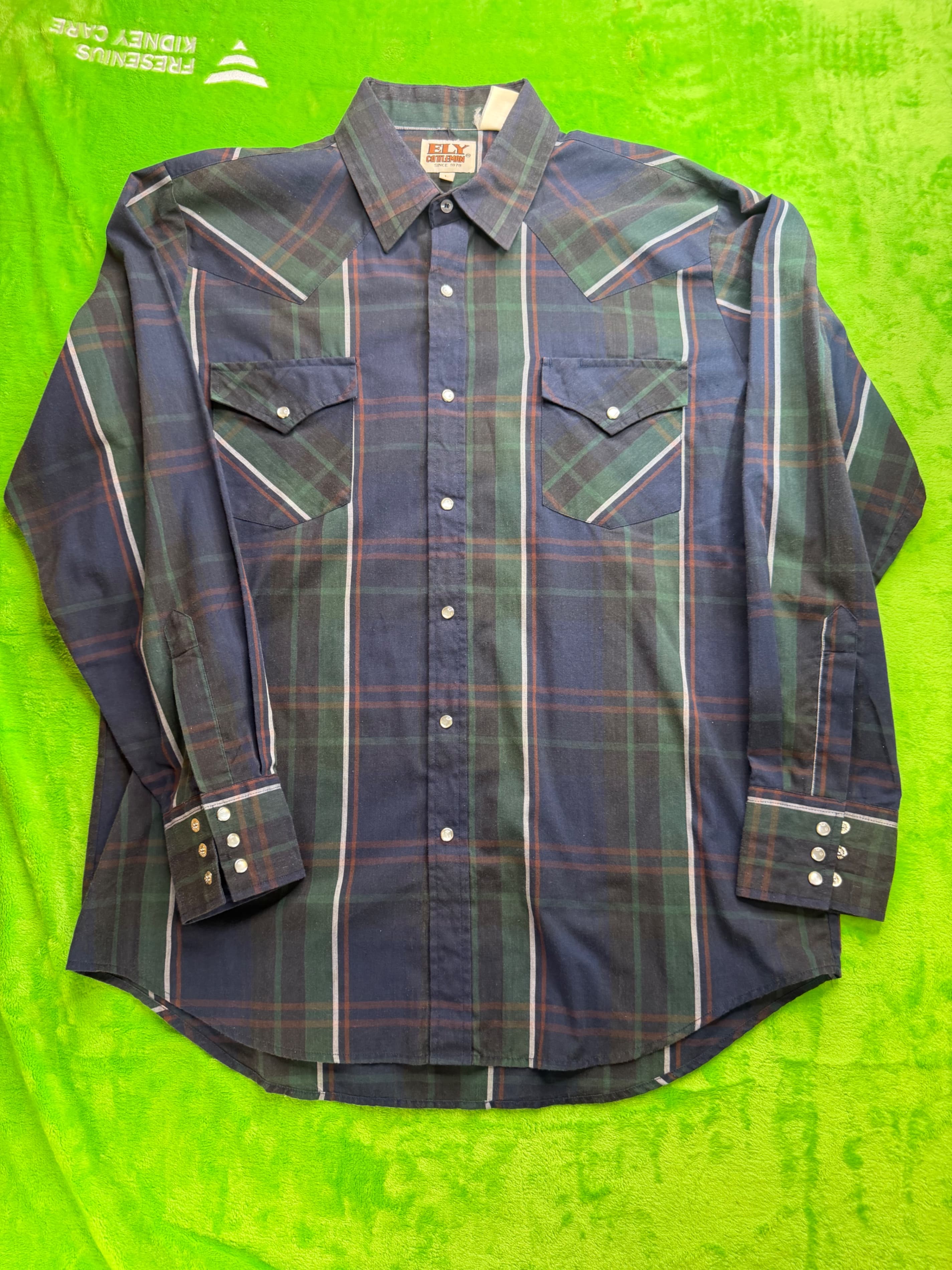 Vtg Ely Cattleman Pearl Snap Western Shirt Mens Sz L Navy Green Plaid