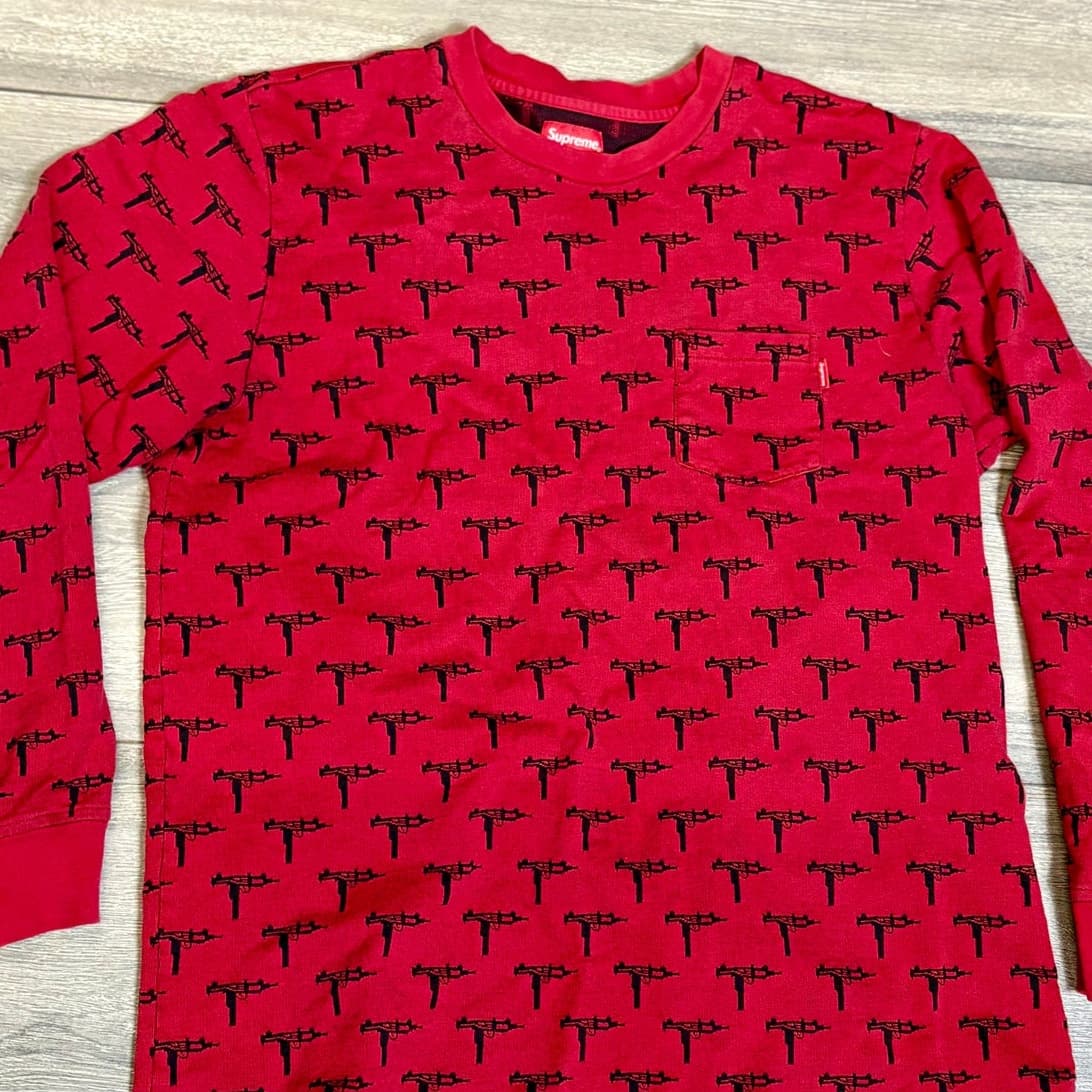 Supreme Uzi Print Pocket Long Sleeve Shirt Red XL FW13 All Over Gun Graphic Rare