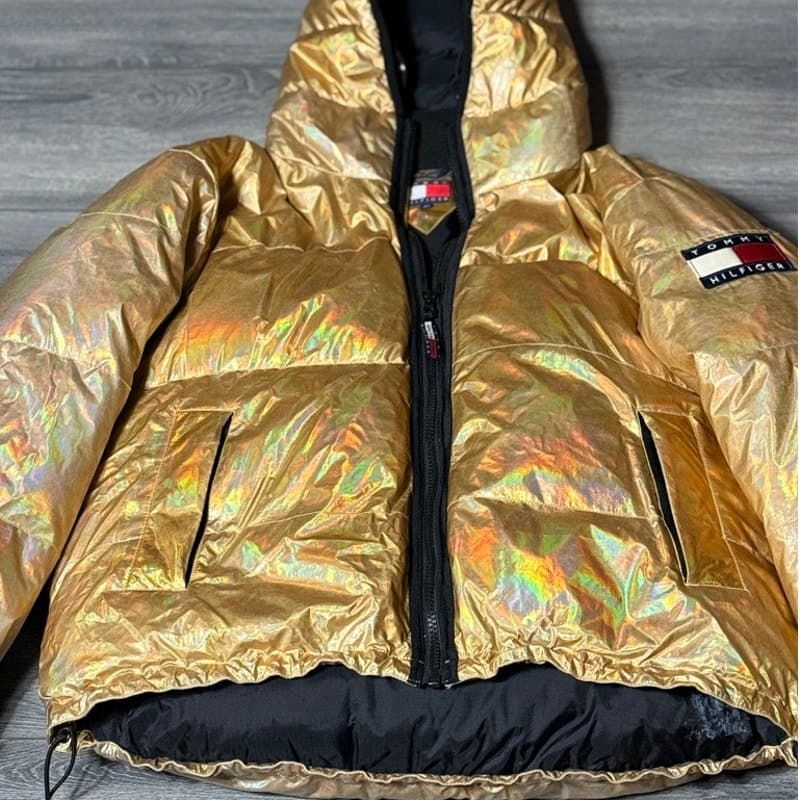 Tommy Hilfiger Gold Holographic Puffer Jacket Hooded Metallic Winter Coat Mens