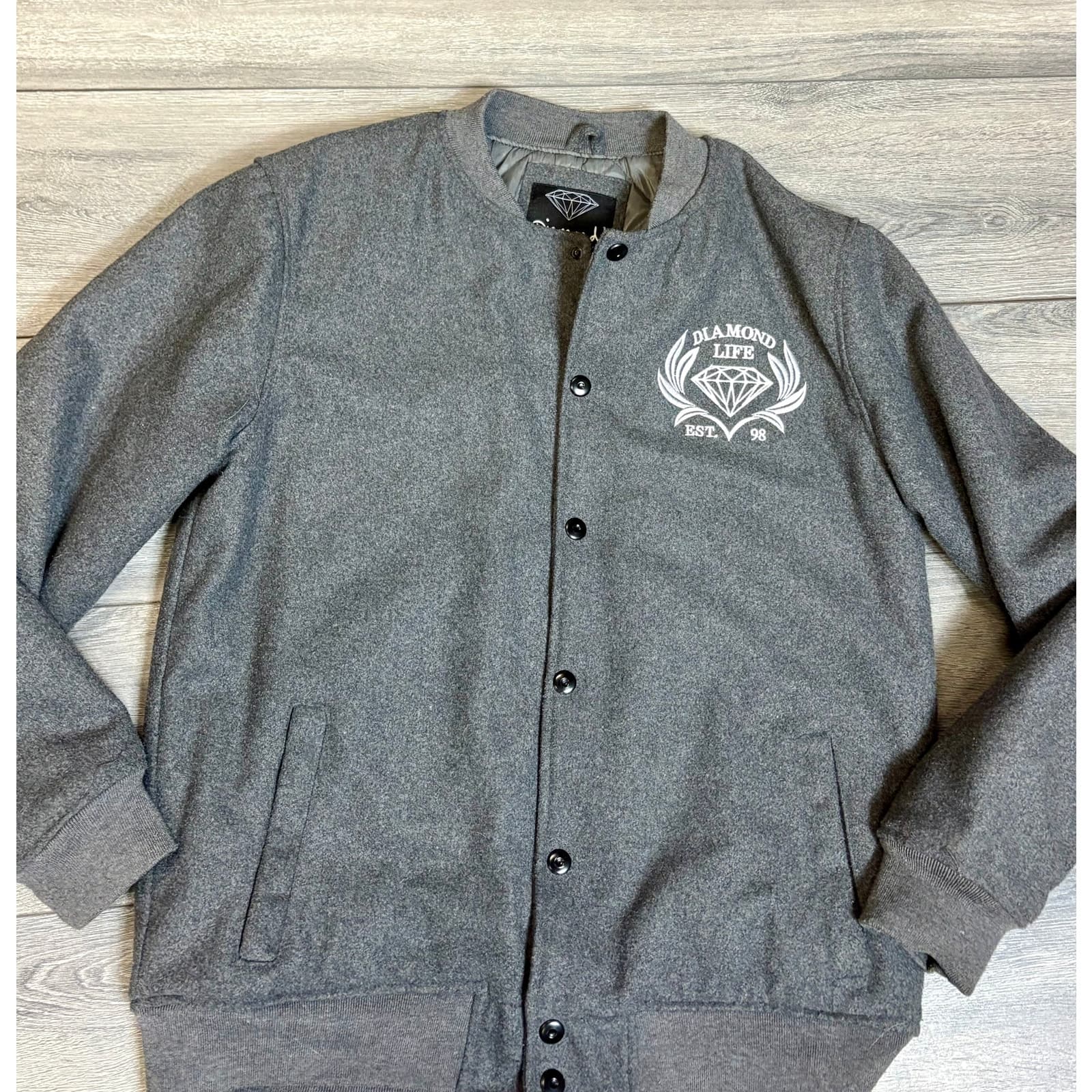 Diamond Supply Co. “Diamond Life” Wool Varsity Jacket – Size Large – Grey – 9/10