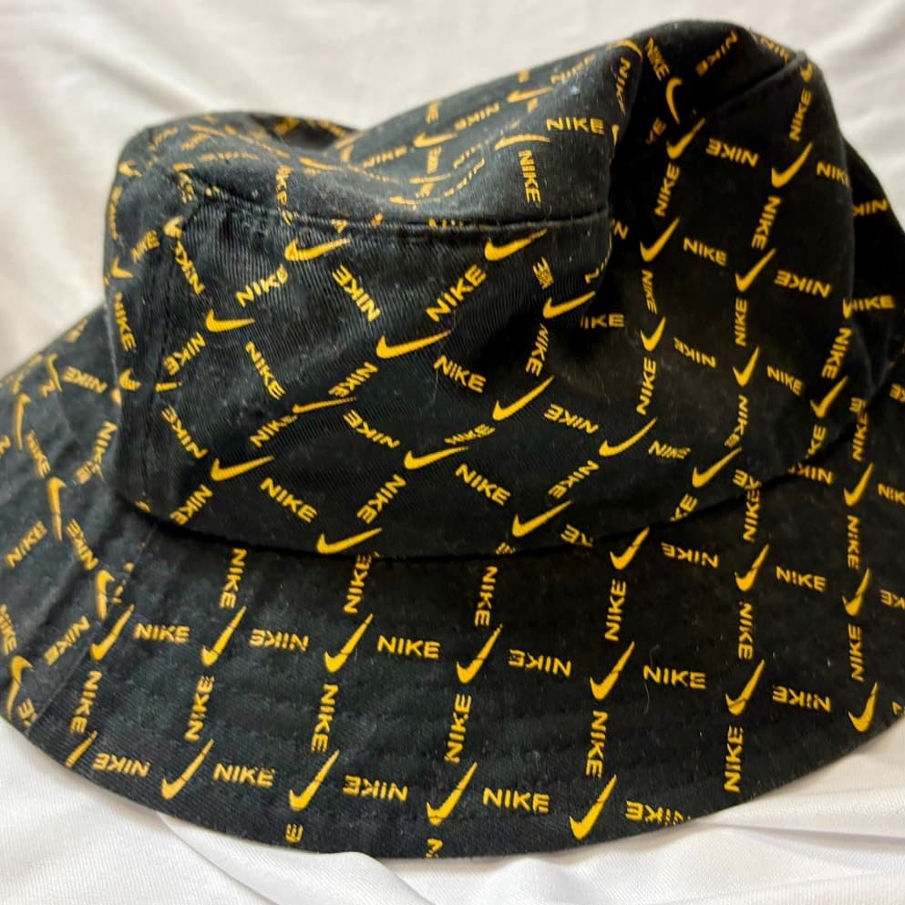 Nike Swoosh All-Over Print Bucket Hat Black/Yellow One Size | EUC