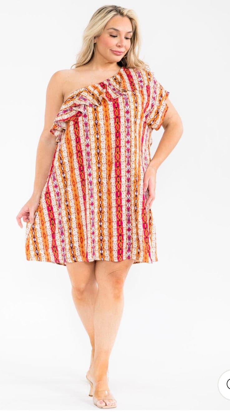 Sunset Stripe One-Shoulder Dress - 1X