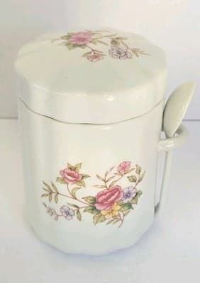 Vintage F.T.D.A. Floral Ceramic Sugar Bowl w/ Lid & Spoon