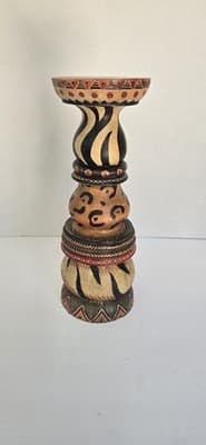 Hand-Painted Wooden Tribal Round Pillar Candle Holder