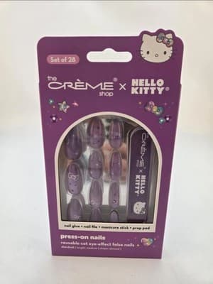 The Crème Shop Hello Kitty Cat Eye Purple Almond Press On Nails 28 Ct NIB NEW!!!