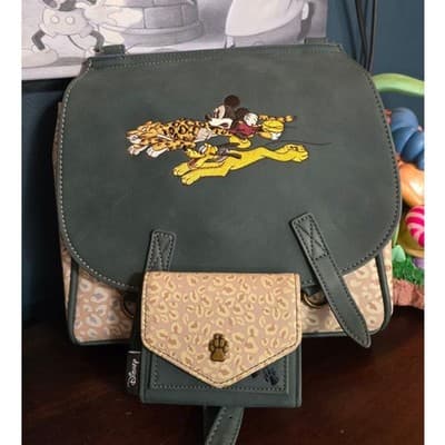 Retired Loungefly Disney Mickey, Pluto, & Leopard Crossbody Bag and Wallet