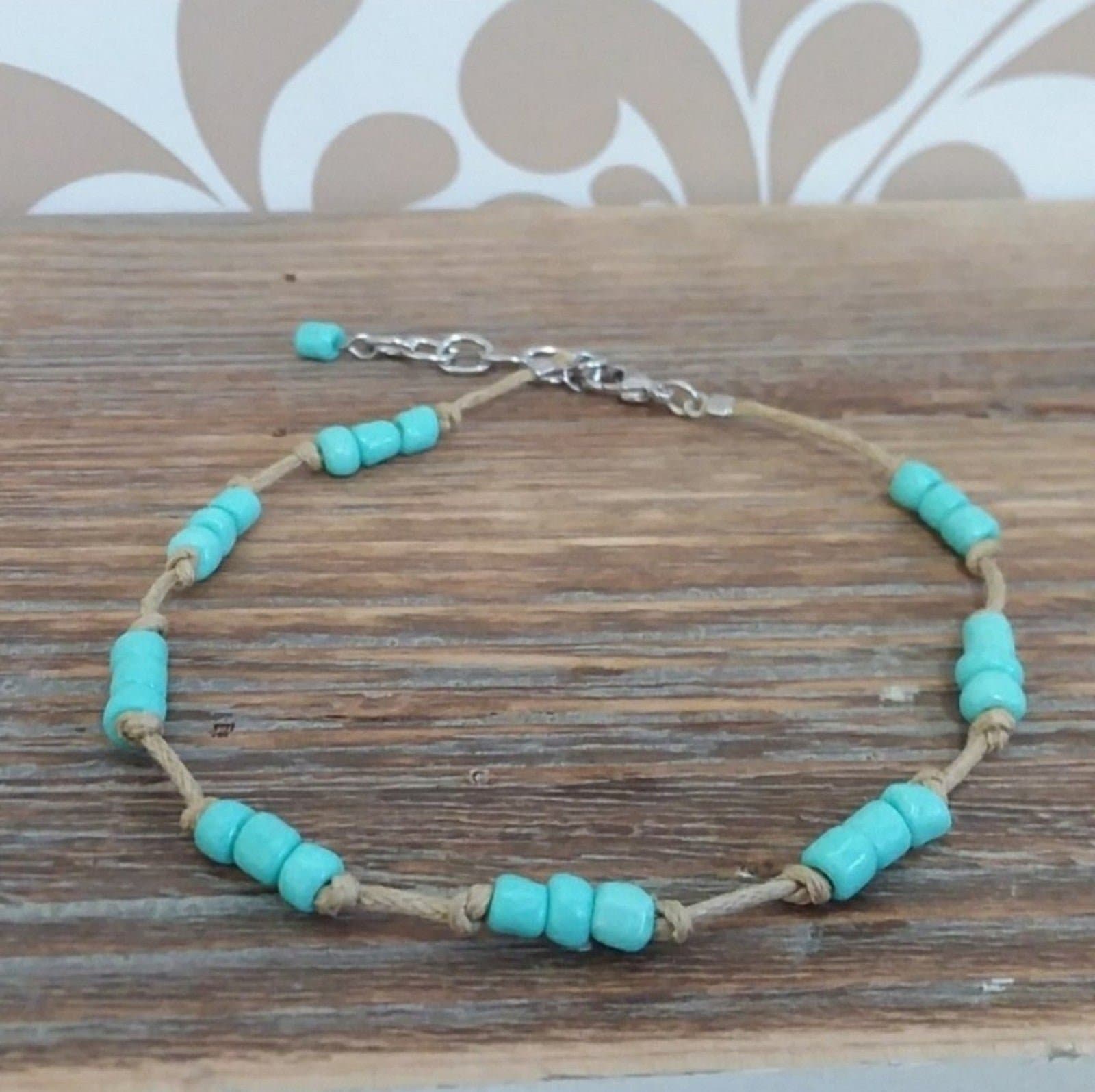 Turquoise Beaded Beige Cord Ankle Bracelet