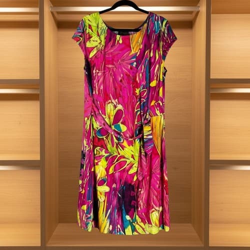 Alexia Floral Abstract Midi Dress Women's Size L Pink Yellow Short Sleeve Wrap