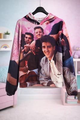 Retro Boy Band Graphic Hoodie Pink Y2K Pop Culture Sweatshirt Kangaroo Pocket