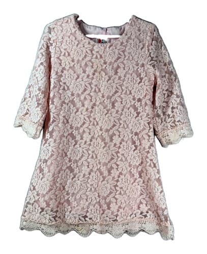 Girls Pink Floral Lace Fit and Flare Dress Size 130 3/4 Sleeve Knee Length Party