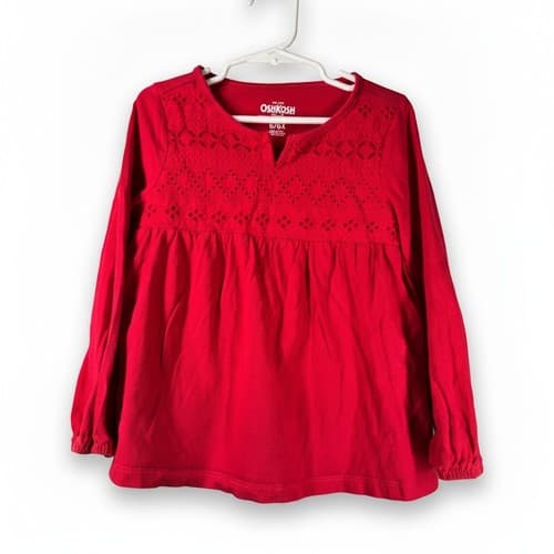 OshKosh B'gosh Girls Red Eyelet Lace Long Sleeve Pullover Shirt Size 6/6X Cotton